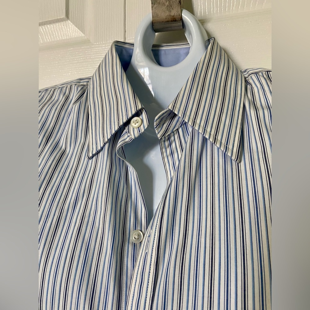 90s Ralph Lauren black label, 6, white with blue stripes, French cuffs, cotton